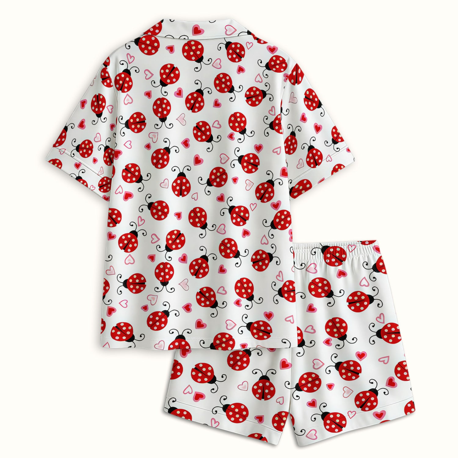 Cute Ladybug Heart Love Pattern Pajama Set, Soft Breathable Fabric Comfortable Sleepwear