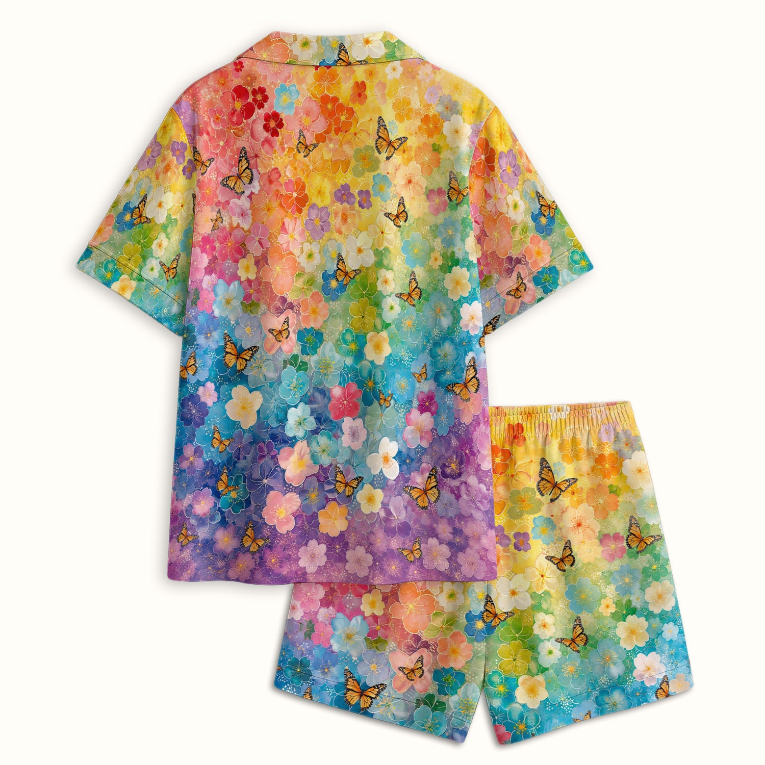 Rainbow Butterfly Floral Blossom Pattern Pajama Set, Soft Breathable Fabric Comfortable Sleepwear