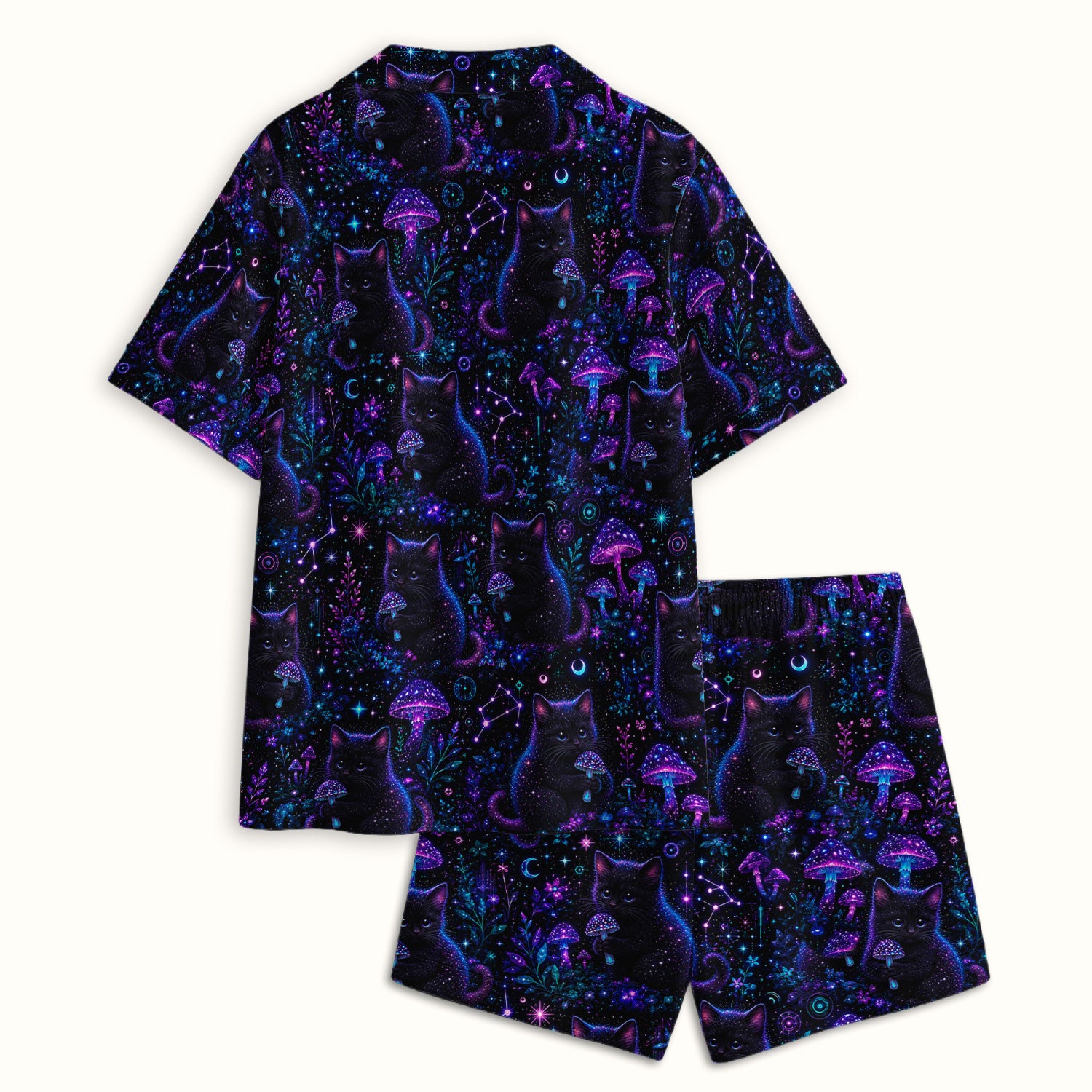 Neon Black Cat Mushroom Galaxy Pattern Pajama Set, Soft Breathable Fabric Comfortable Sleepwear