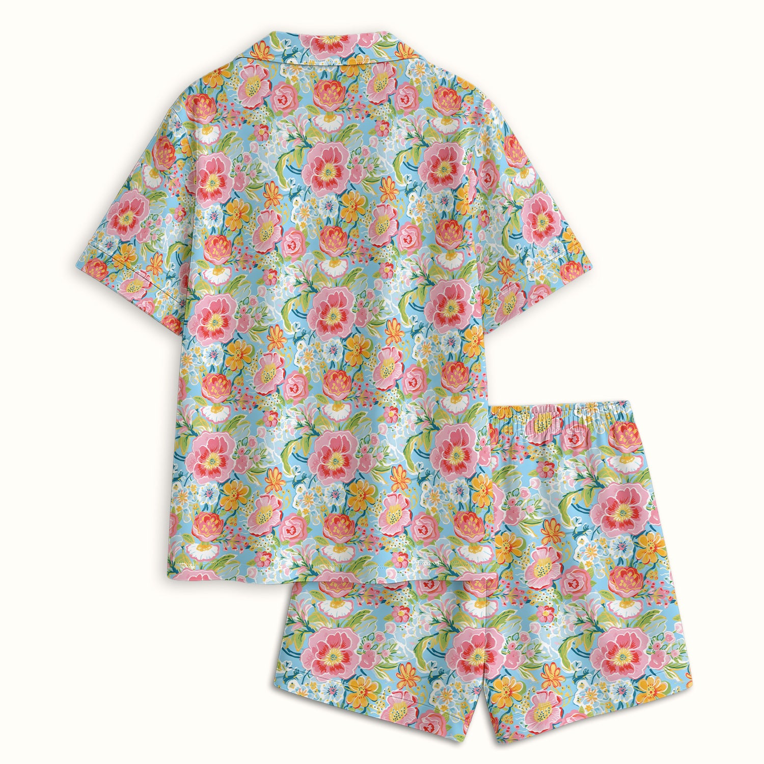 Pastel Tropical Floral Garden Pattern Pajama Set, Soft Breathable Fabric Comfortable Sleepwear