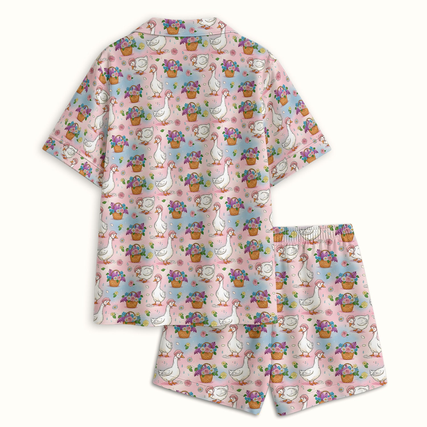 Cute Spring Goose Flower Basket Pattern Pajama Set, Soft Breathable Fabric Comfortable Sleepwear