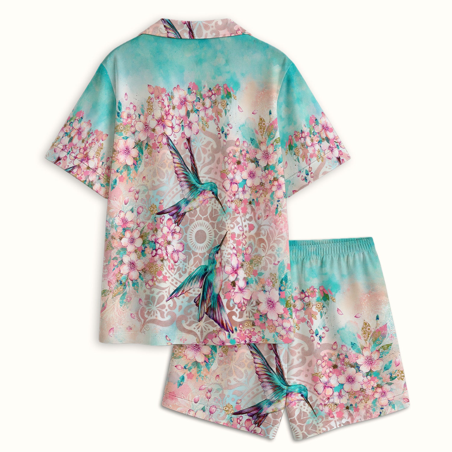 Charming Hummingbird Cherry Blossom Pattern Pajama Set, Soft Breathable Fabric Comfortable Sleepwear