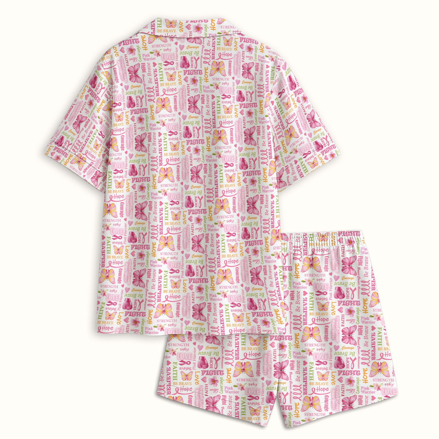 Pink Ribbon Butterfly Print Pajama Set, Soft Breathable Fabric Comfortable Sleepwear
