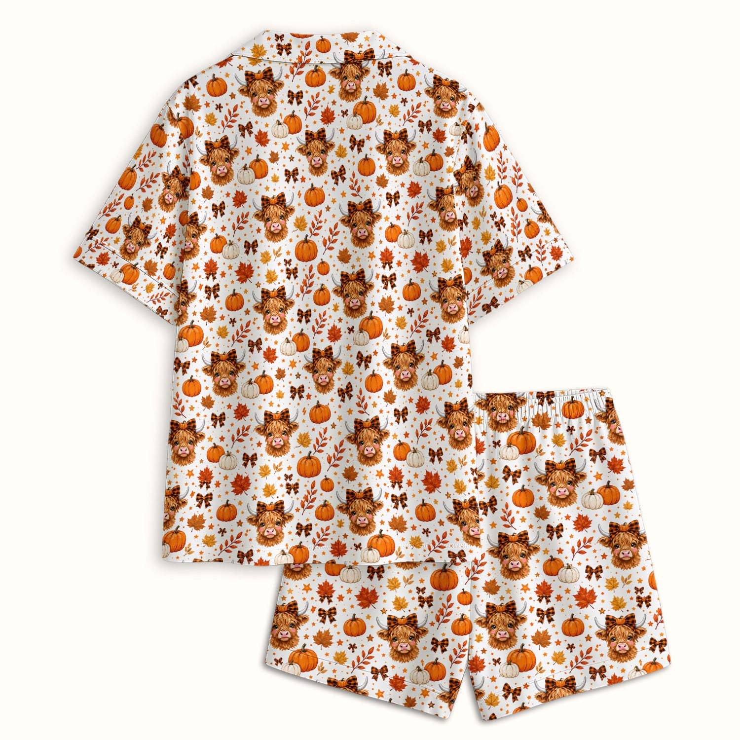Cute Fall Highland Cow Pajama Set, Soft Breathable Fabric Comfortable Sleepwear
