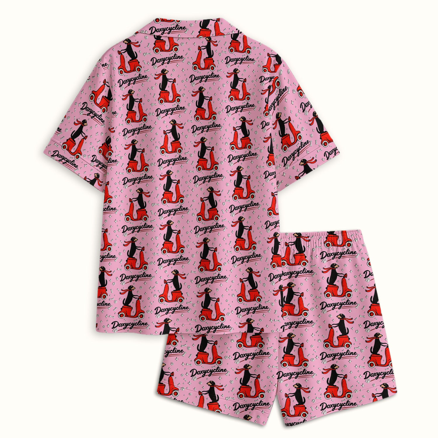 Funny Dachshund Riding Scooter Doxycycline Print Pajama Set, Breathable Fabrics Uniform