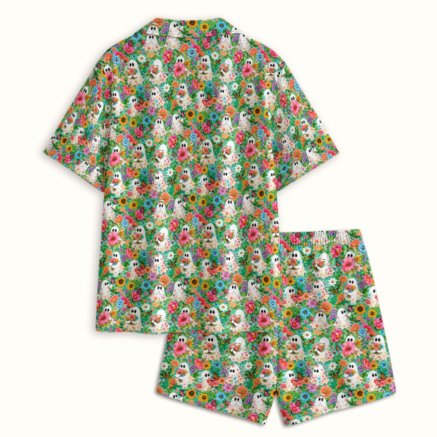 Cute Halloween Floral Ghosts Pajama Set, Soft Breathable Fabric Comfortable Sleepwear