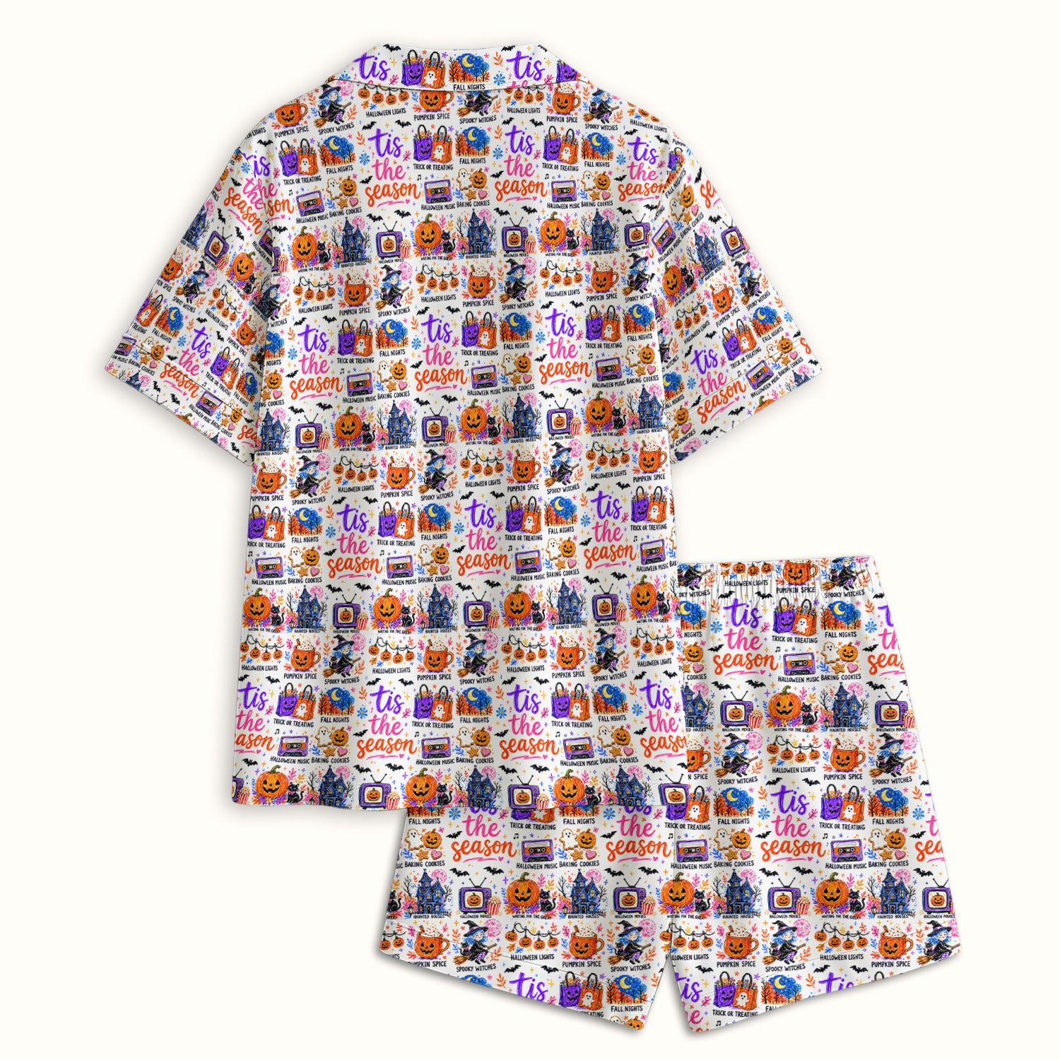 Pumpkin Ghost Spooky Season Print Pajama Set, Soft Breathable Fabric Comfortable Sleepwear