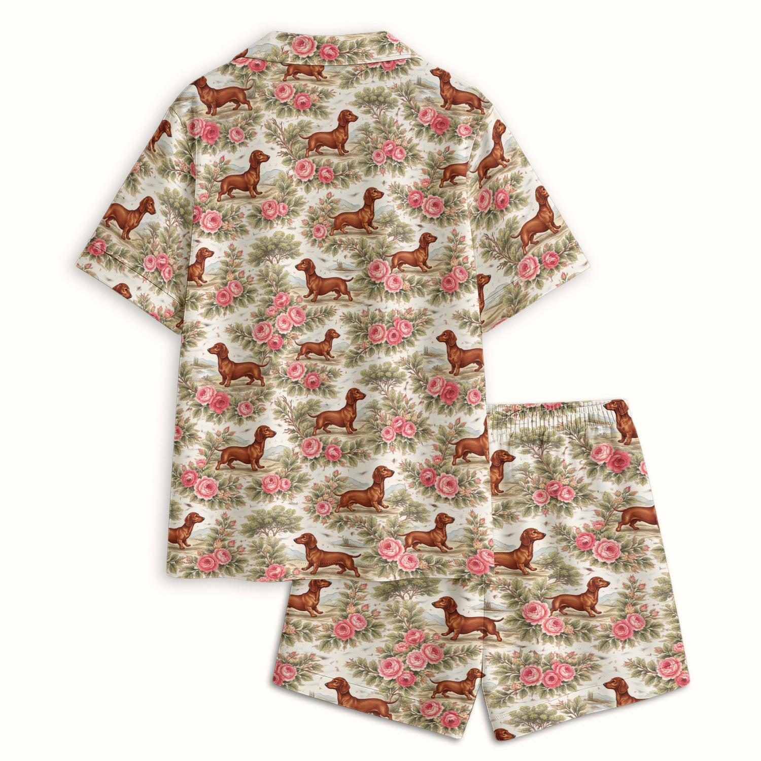 Vintage Dachshund Rose Floral Pattern Pajama Set, Soft Breathable Fabric Comfortable Sleepwear