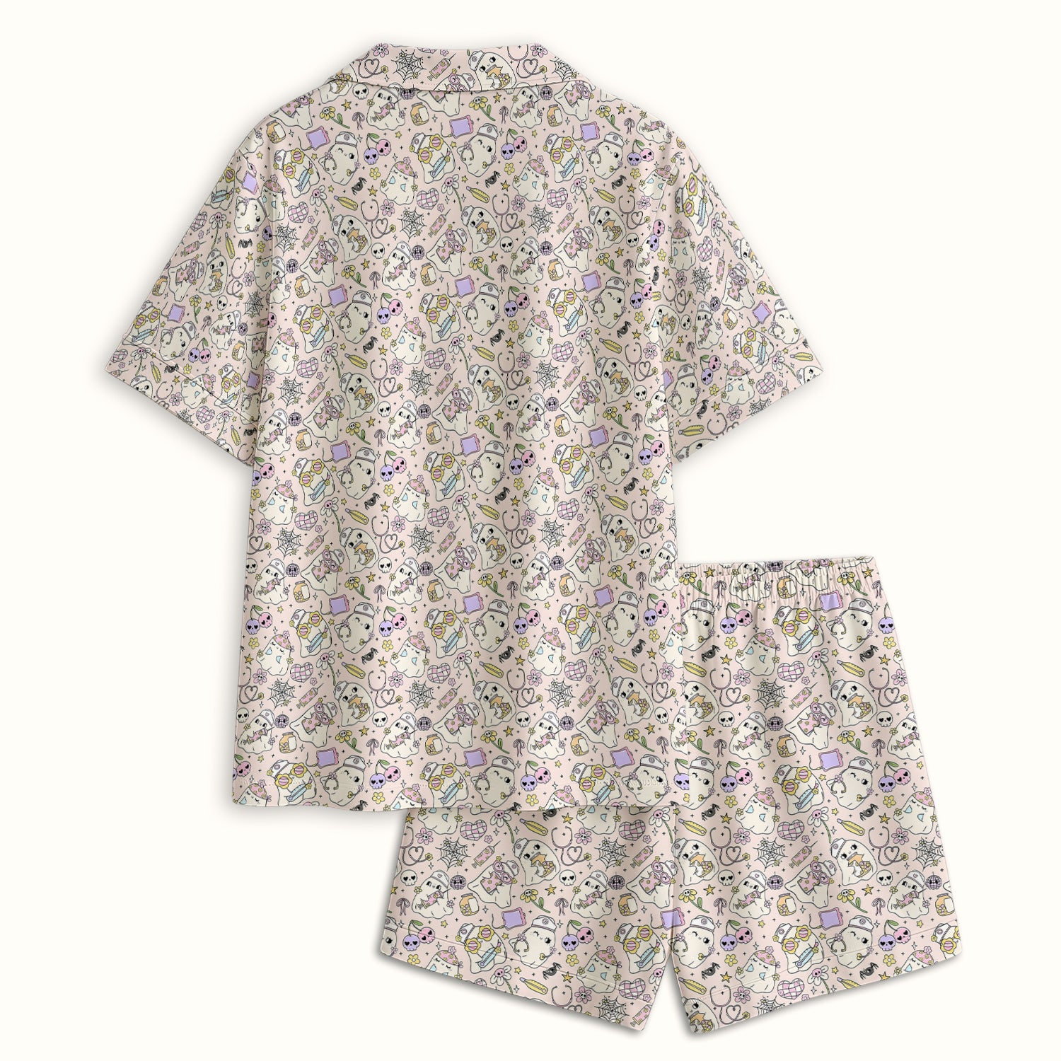 Cute Halloween Nurse Ghosts Pattern Pajama Set, Soft Breathable Fabric Comfortable Sleepwear