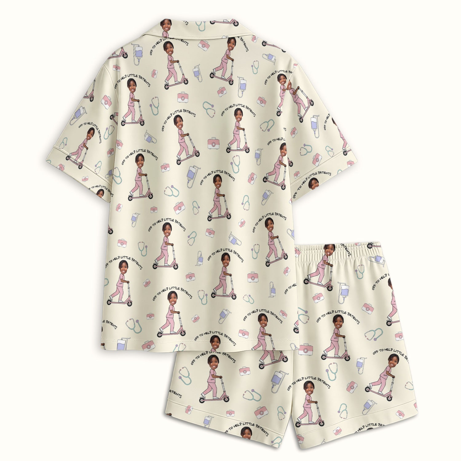 Custom Face Pediatric Nurse Scooter Pattern Pajama Set, Soft Breathable Fabric Comfortable Sleepwear