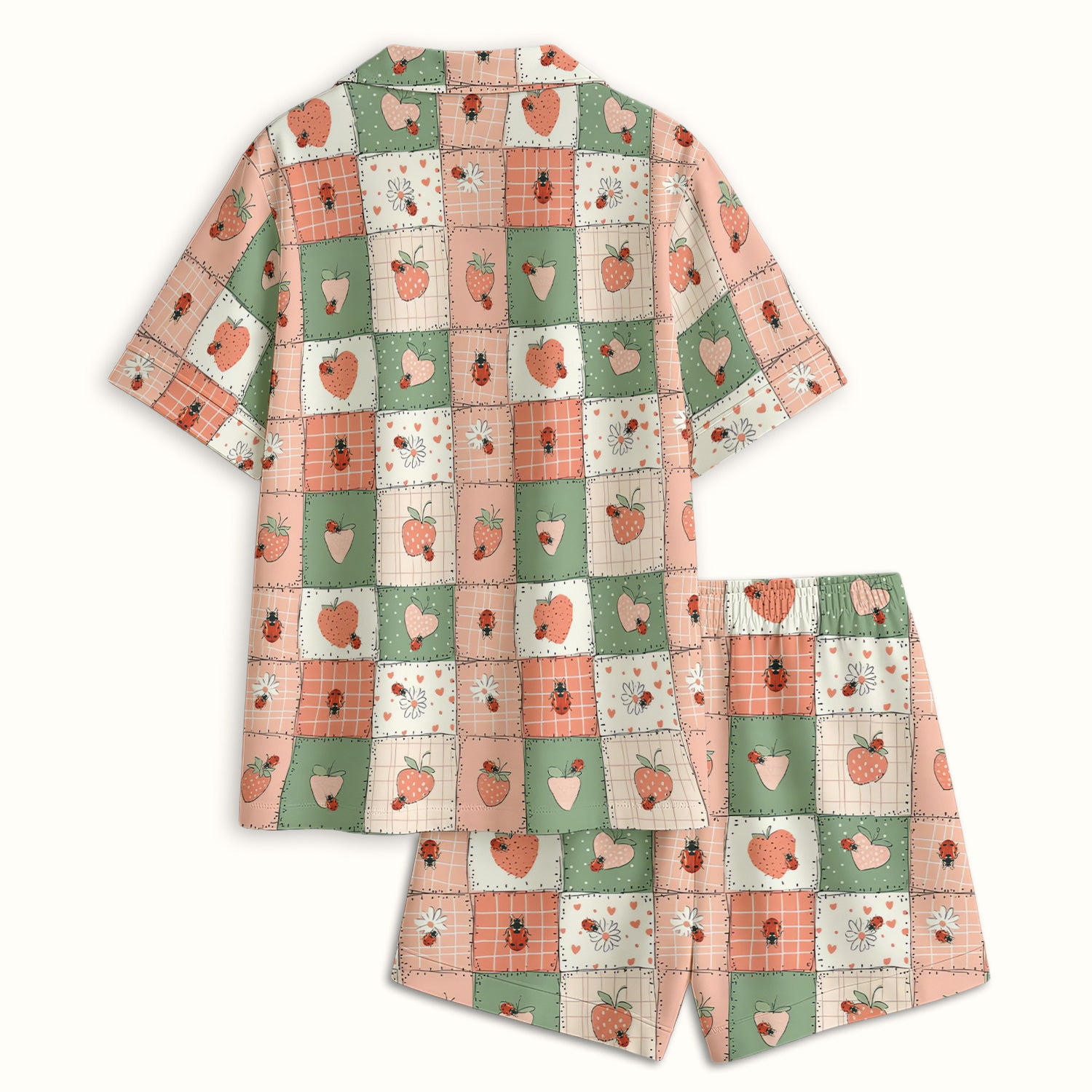 Strawberry Ladybug Patchwork Pattern Pajama Set, Soft Breathable Fabric Comfortable Sleepwear