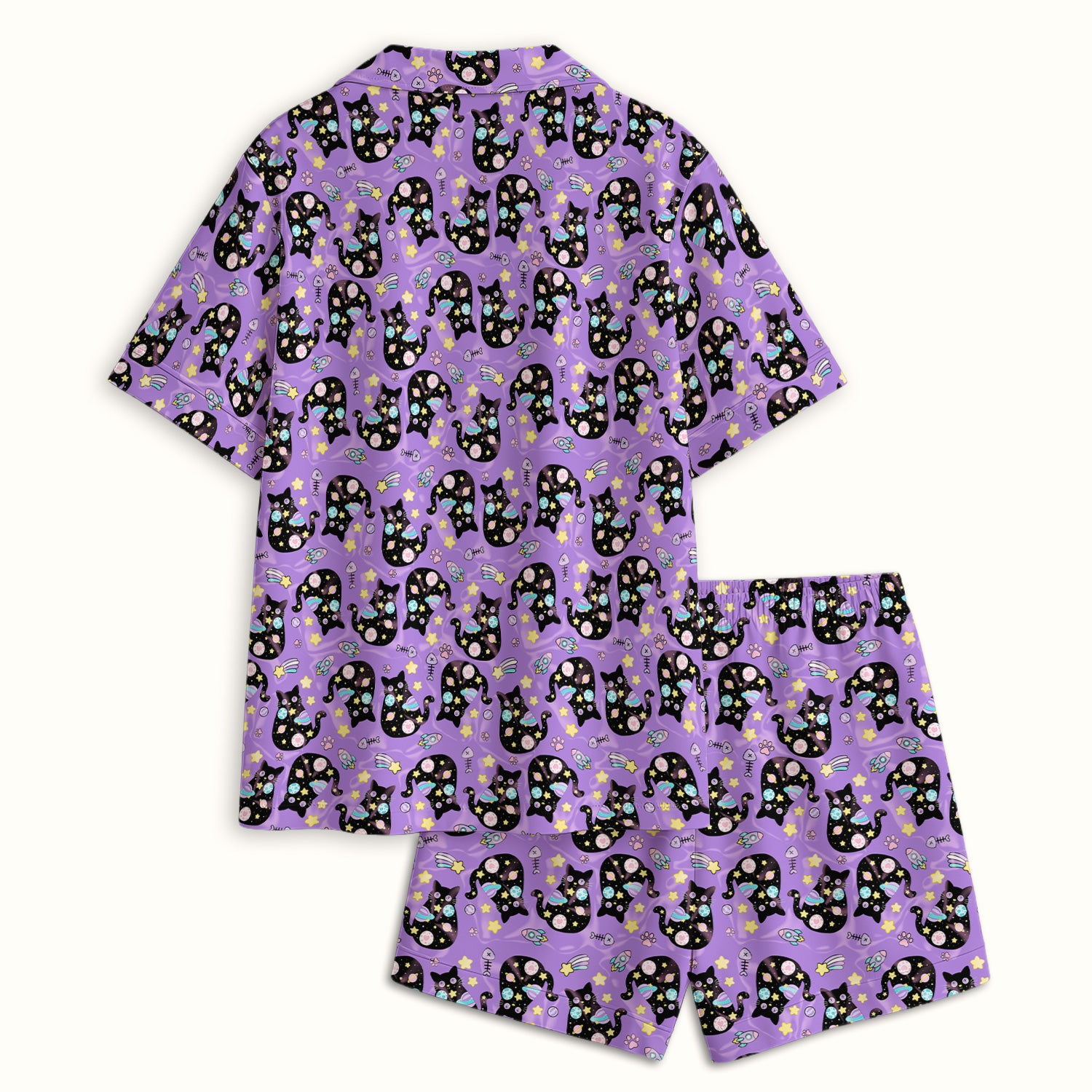 Galaxy Black Cat Space Pattern Pajama Set, Breathable Fabrics Uniform