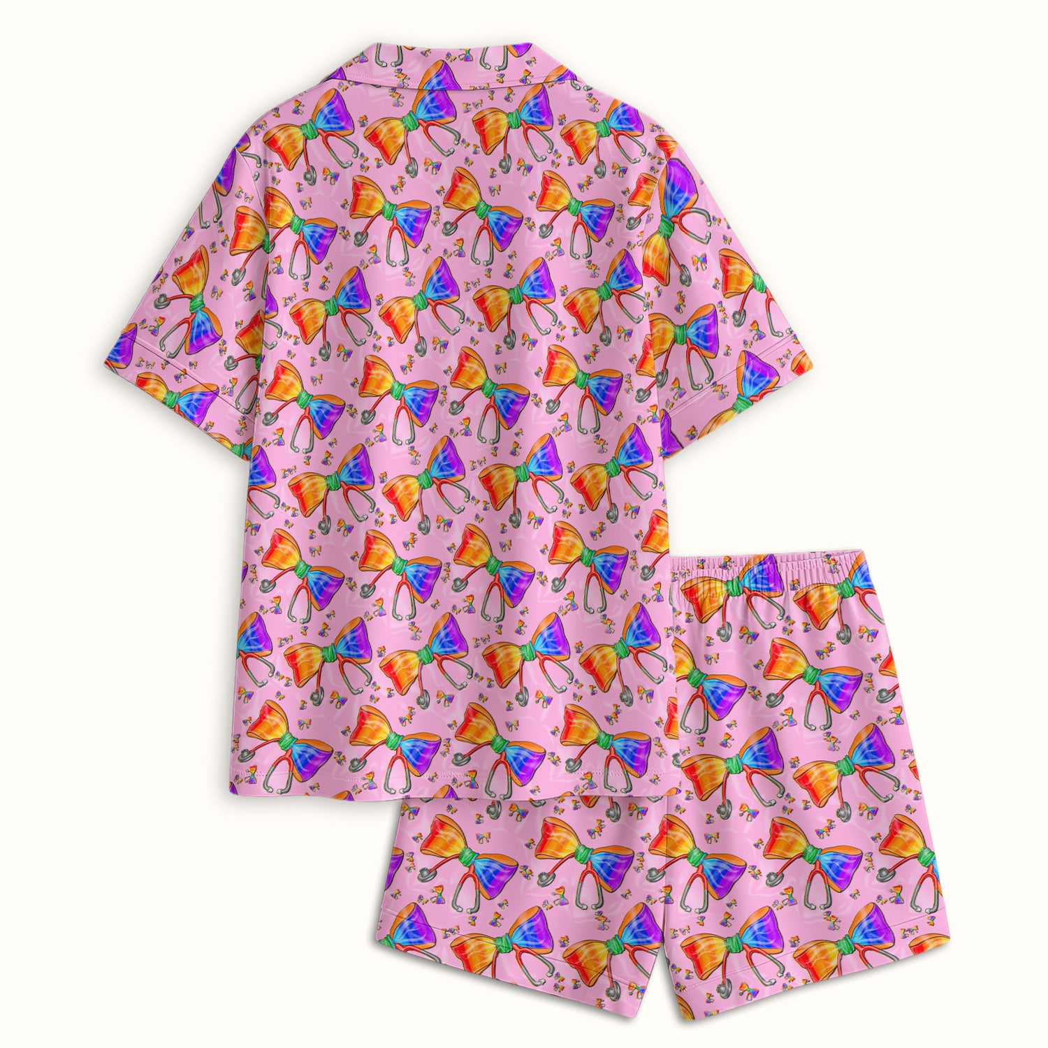 Colorful Rainbow Bow Stethoscope Pattern Pajama Set, Breathable Fabrics Uniform