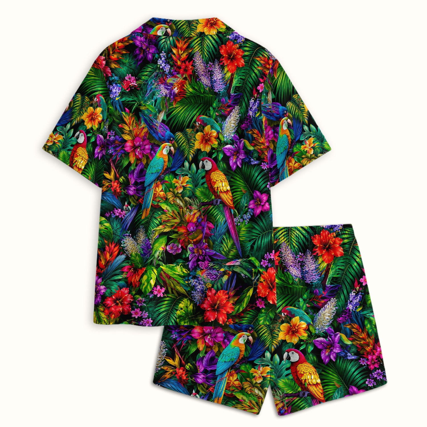 Tropical Parrot Jungle Blossom Pattern Pajama Set, Soft Breathable Fabric Comfortable Sleepwear