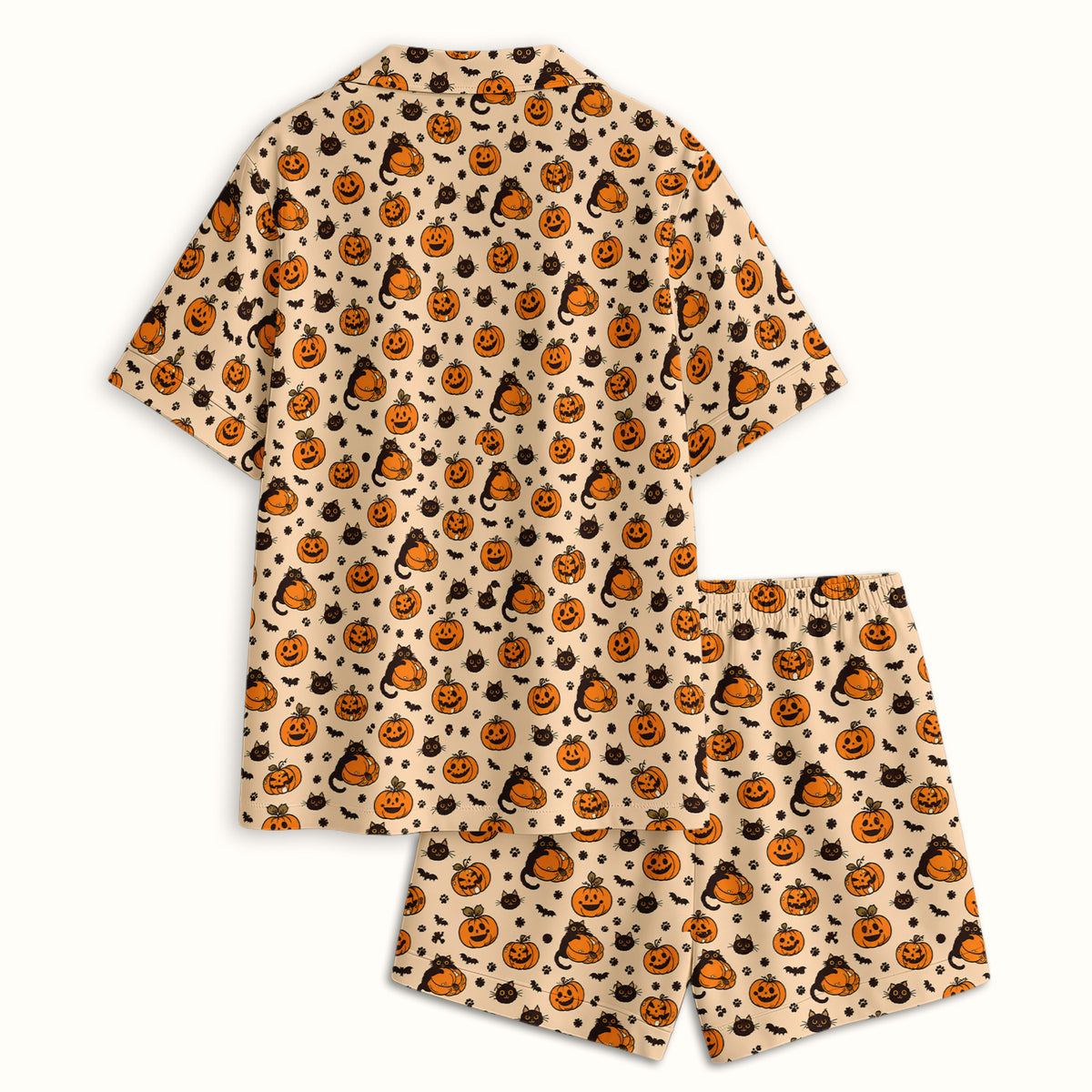 Cute Halloween Black Cat And Pumpkins Pajama Set, Soft Breathable Fabric Comfortable Sleepwear