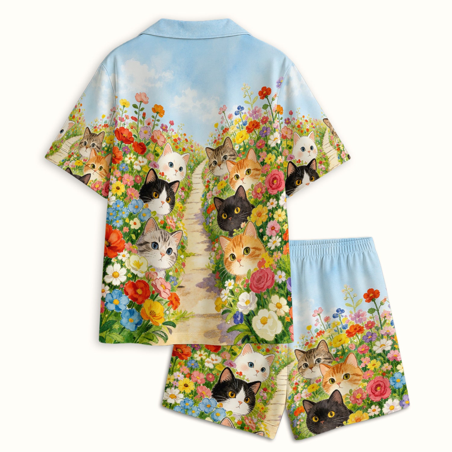 Cute Garden Cats Flower Path Pattern Pajama Set, Soft Breathable Fabric Comfortable Sleepwear