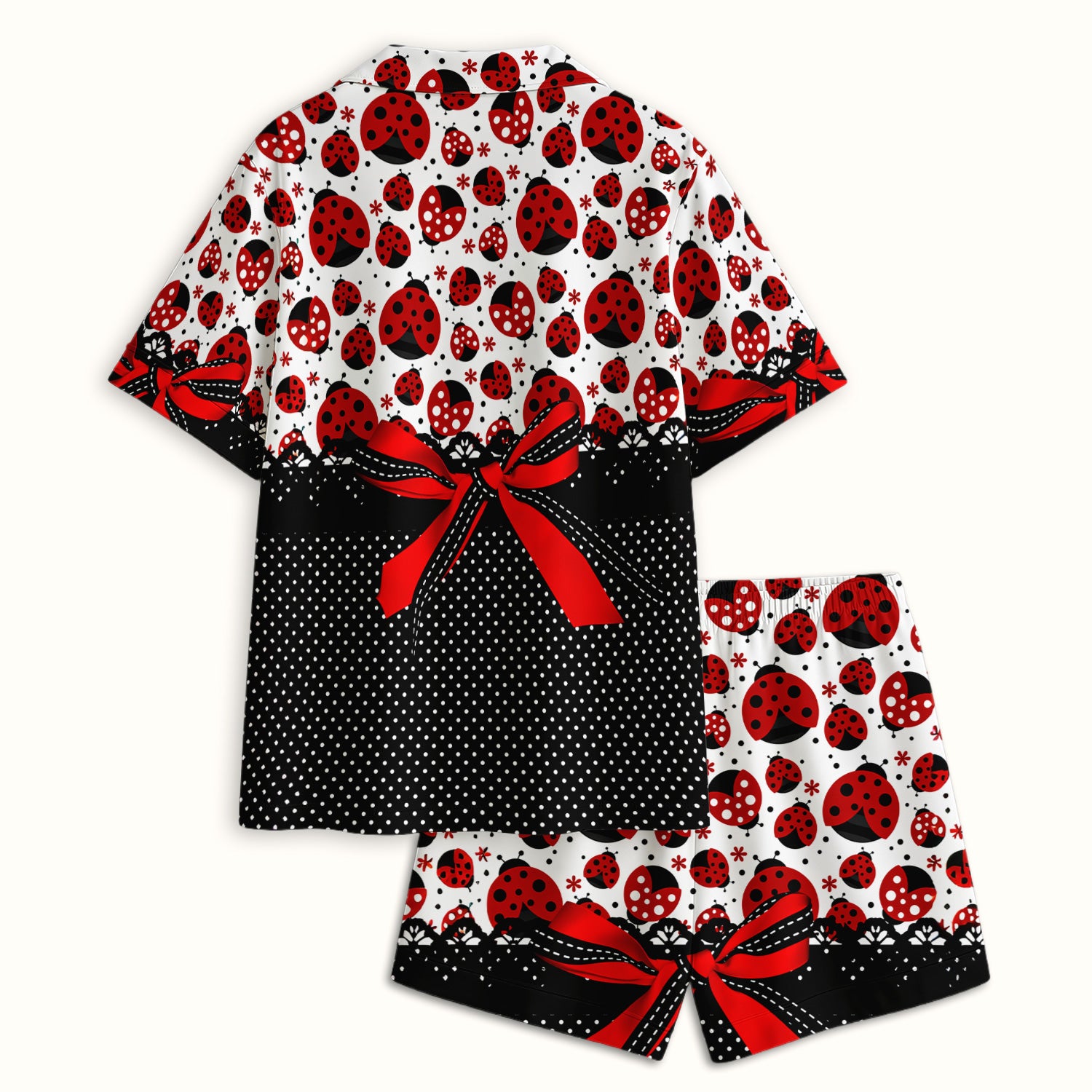 Cute Ladybug Red Ribbon Polka Pattern Pajama Set, Soft Breathable Fabric Comfortable Sleepwear