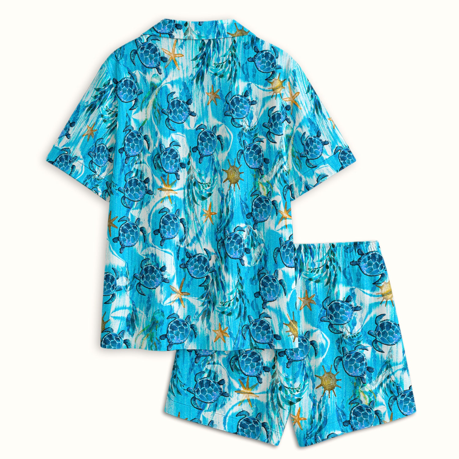 Coastal Marine Life Print Pajama Set, Soft Breathable Fabric Comfortable Sleepwear