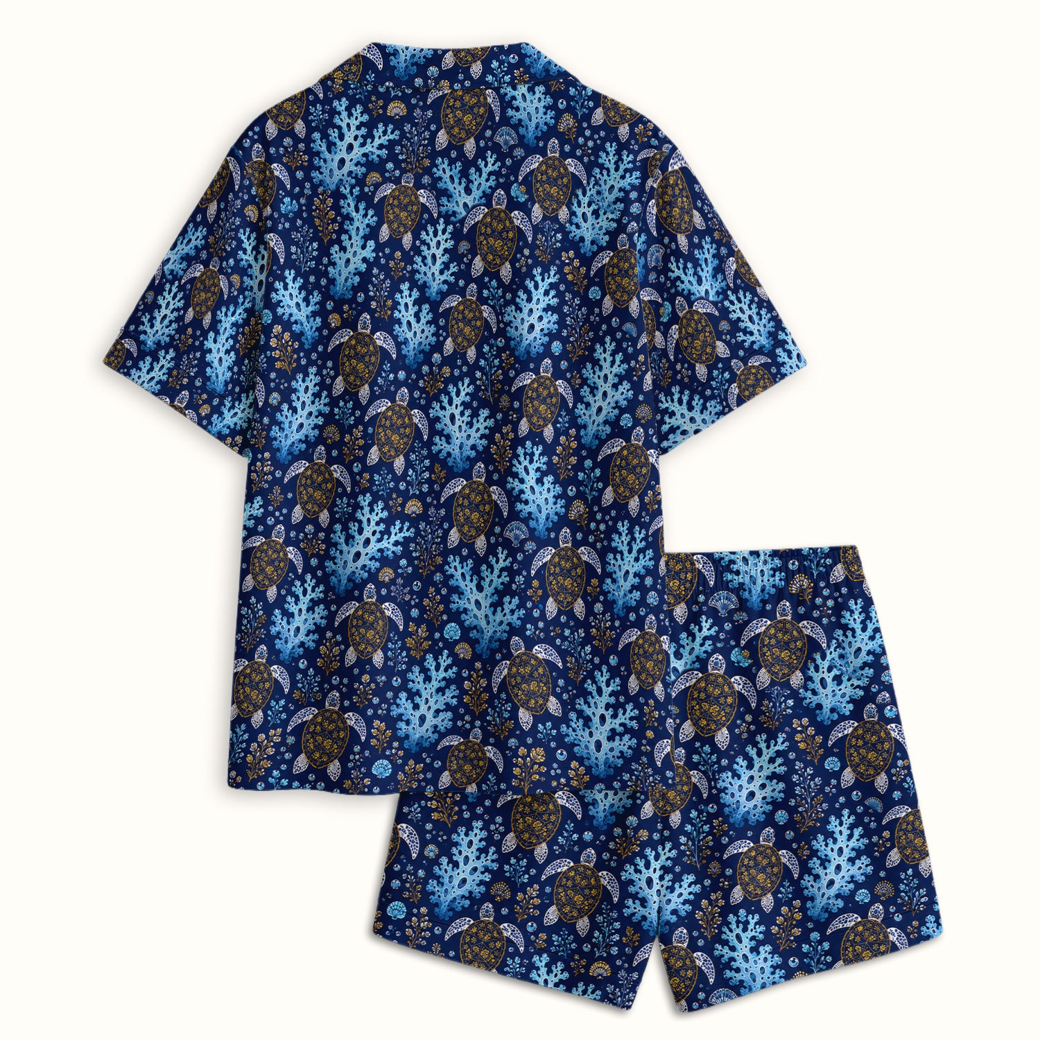 Ocean Turtle Coral Nurse Pattern Pajama Set, Soft Breathable Fabric Comfortable Sleepwear