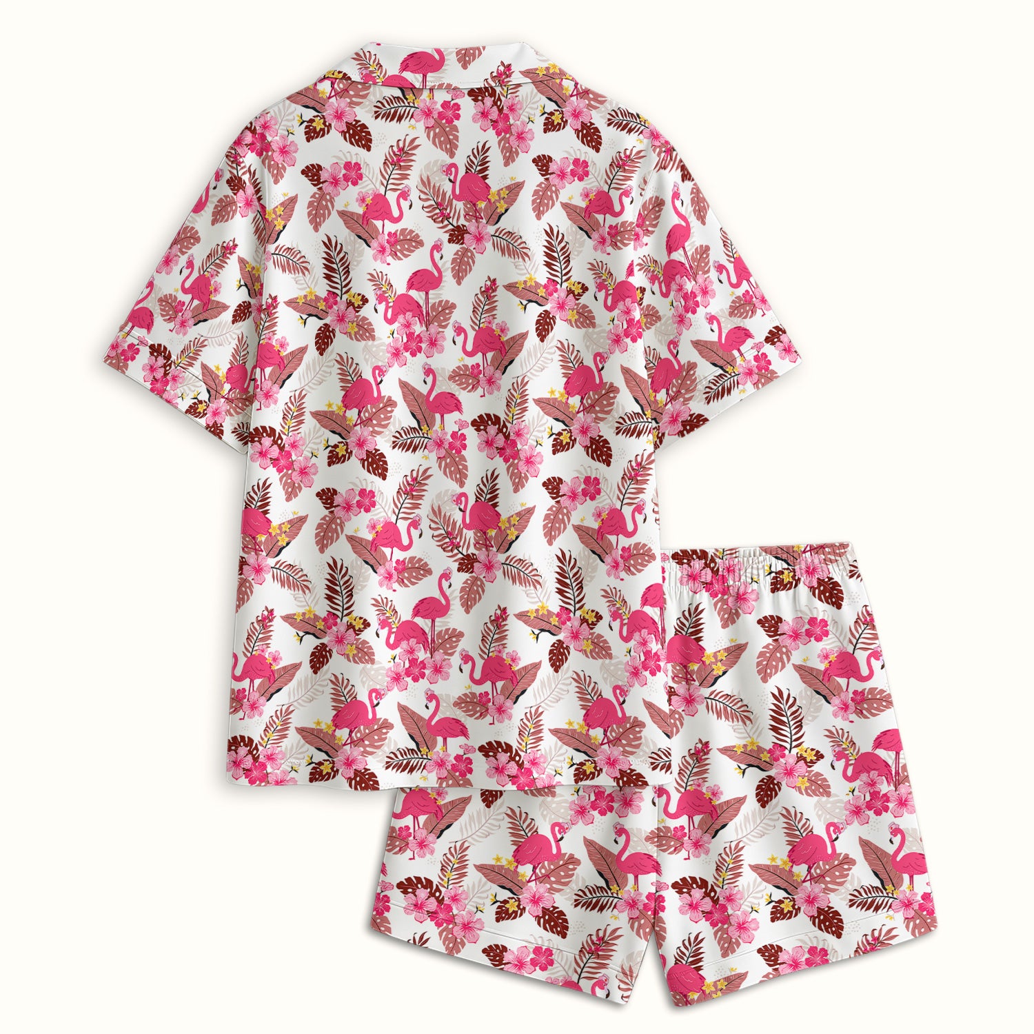 Pink Flamingo Tropical Floral Pajama Set, Breathable Fabrics Uniform