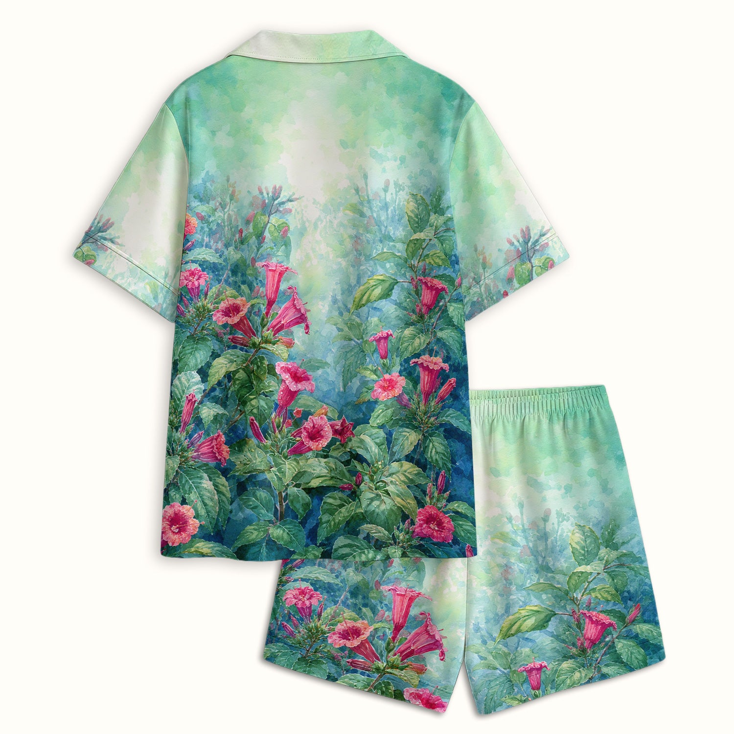 Vintage Hummingbird Floral Garden Pattern Pajama Set, Soft Breathable Fabric Comfortable Sleepwear