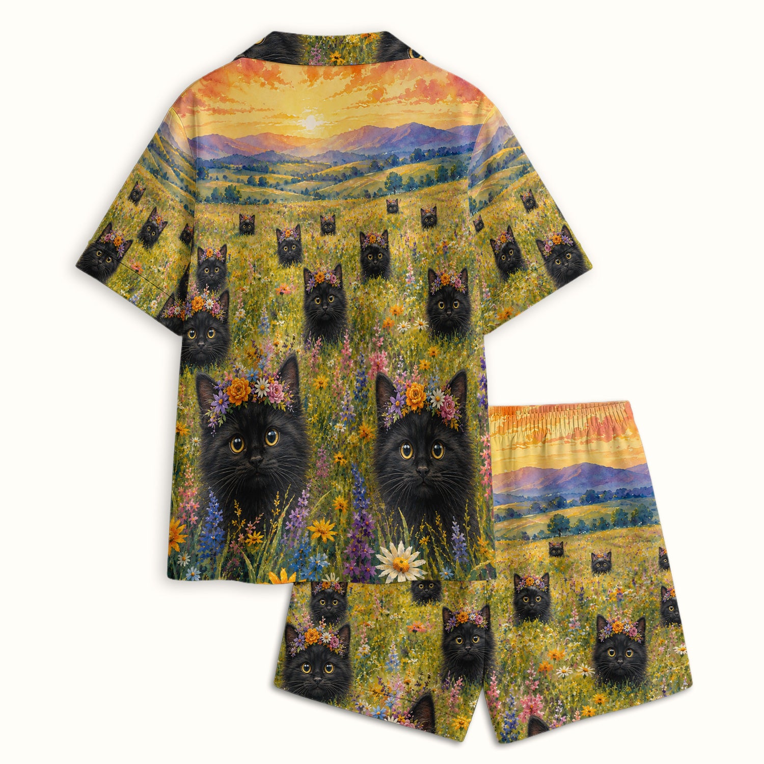 Black Kitten Flower Meadow Pattern Pajama Set, Soft Breathable Fabric Comfortable Sleepwear