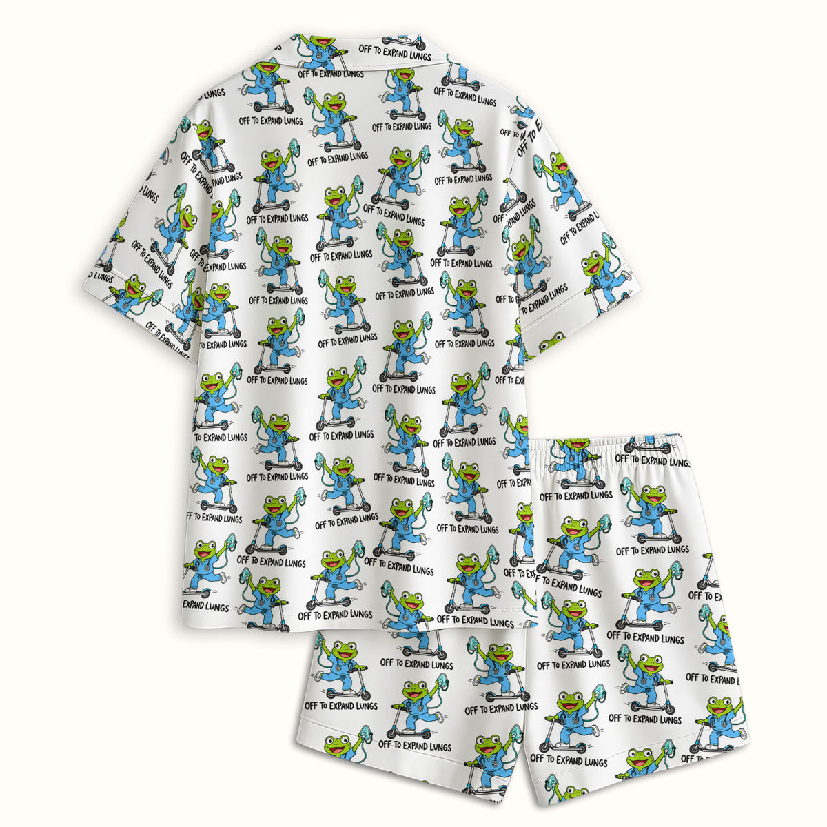 Off To Expand Lungs Frog Pattern Pajama Set, Soft Breathable Fabric Comfortable Sleepwear