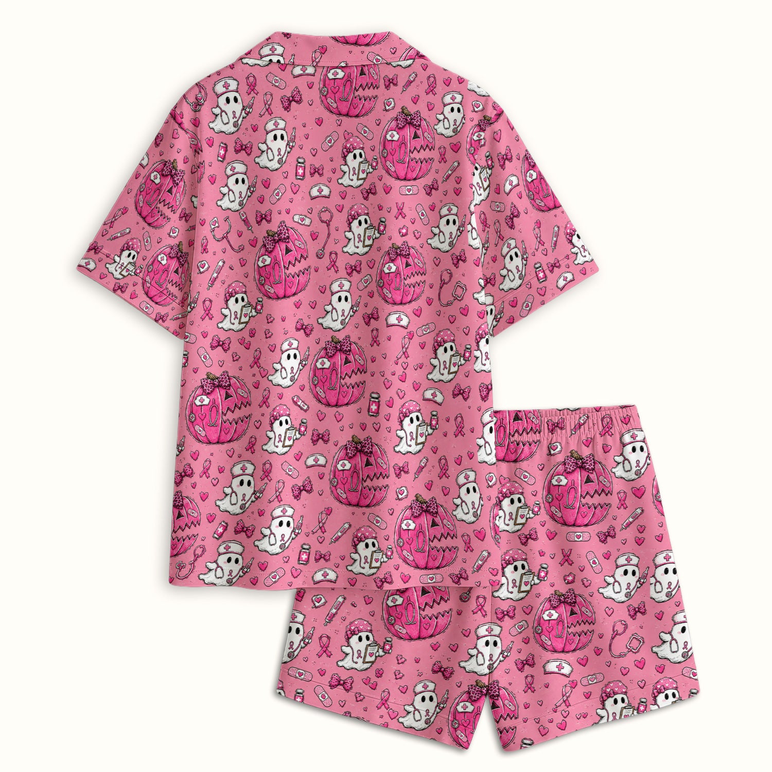 Pink Ribbon Ghost Pattern Pajama Set, Soft Breathable Fabric Comfortable Sleepwear