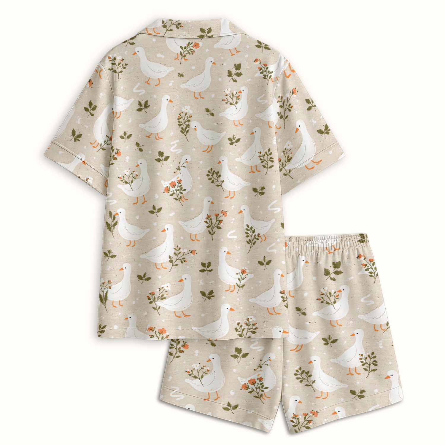 White Goose Floral Meadow Pattern Pajama Set, Soft Breathable Fabric Comfortable Sleepwear