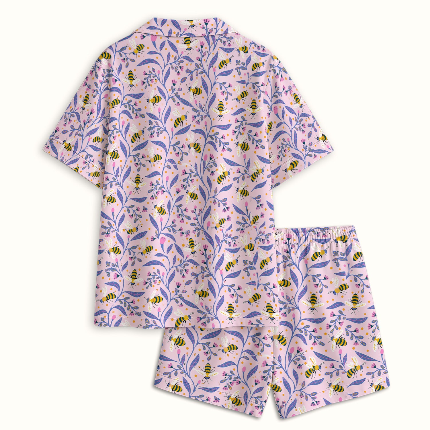 Cute Bumble Bee Floral Pattern Pajama Set, Soft Breathable Fabric Comfortable Sleepwear