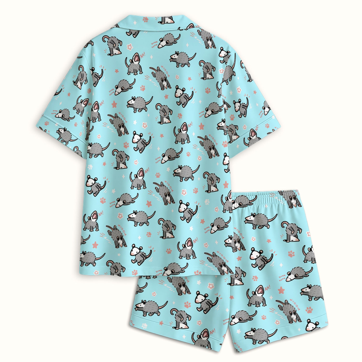 Playful Cartoon Opossum Character Pattern Pajama Set, Breathable Fabrics Uniform