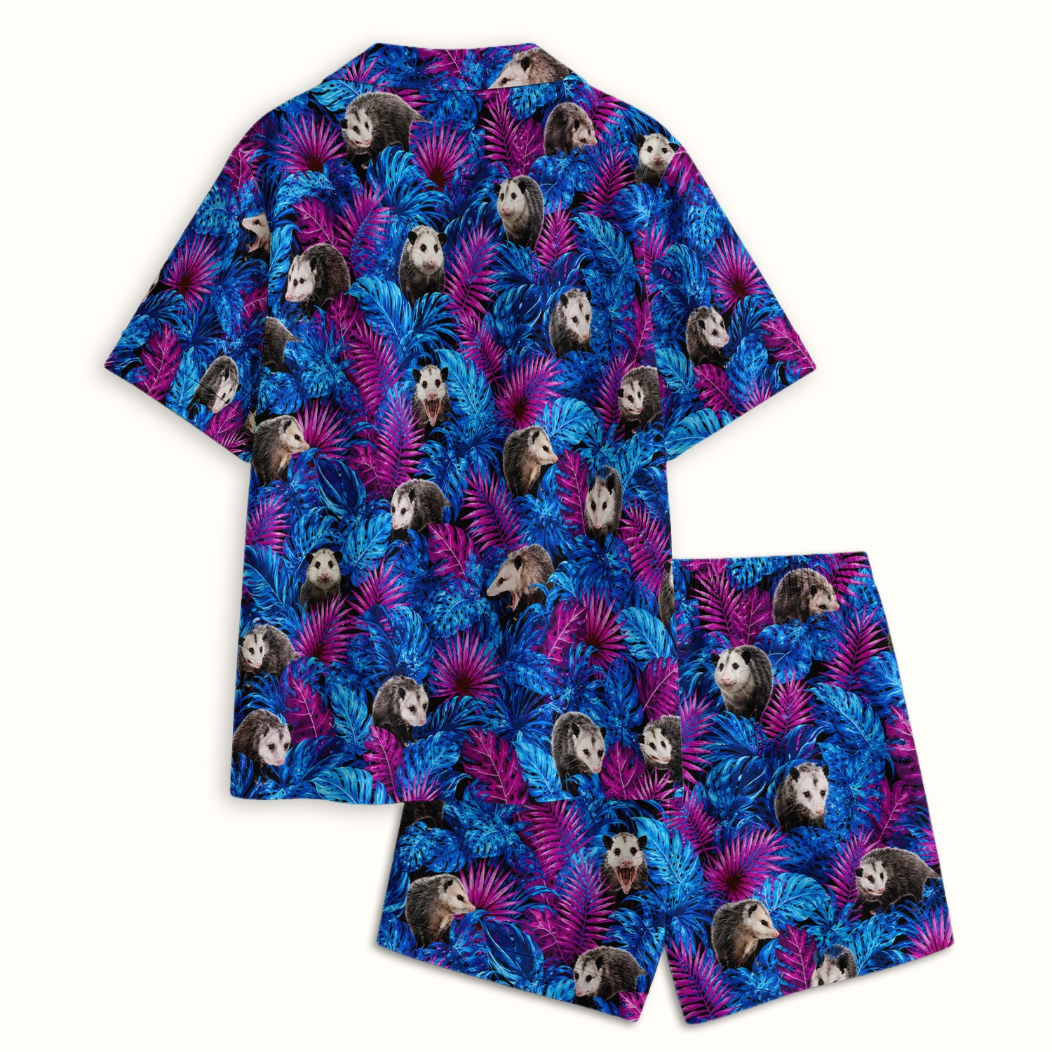 Cute Opossum Tropical Print Pajama Set, Soft Breathable Fabric Comfortable Sleepwear