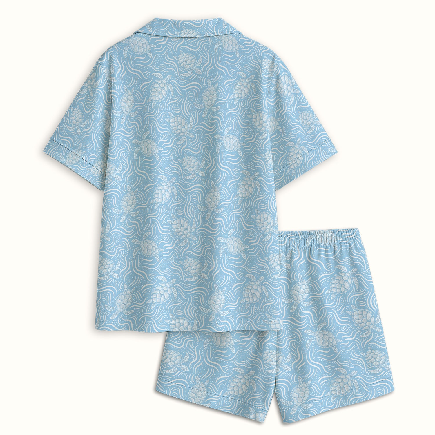 Cute Ocean Sea Turtle Waves Pattern Pajama Set, Soft Breathable Fabric Comfortable Sleepwear