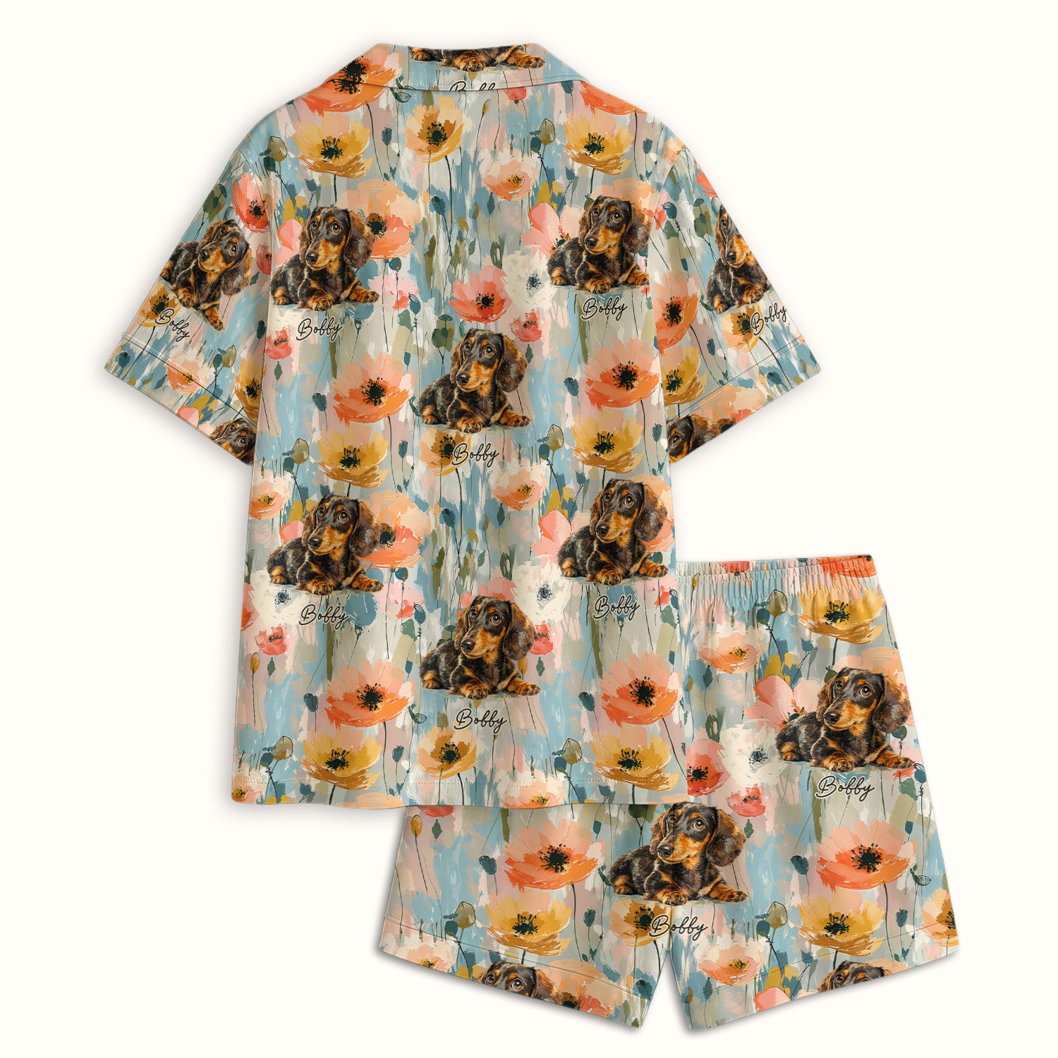 Personalized Dachshund Floral Portrait Pattern Pajama Set, Soft Breathable Fabric Comfortable Sleepwear