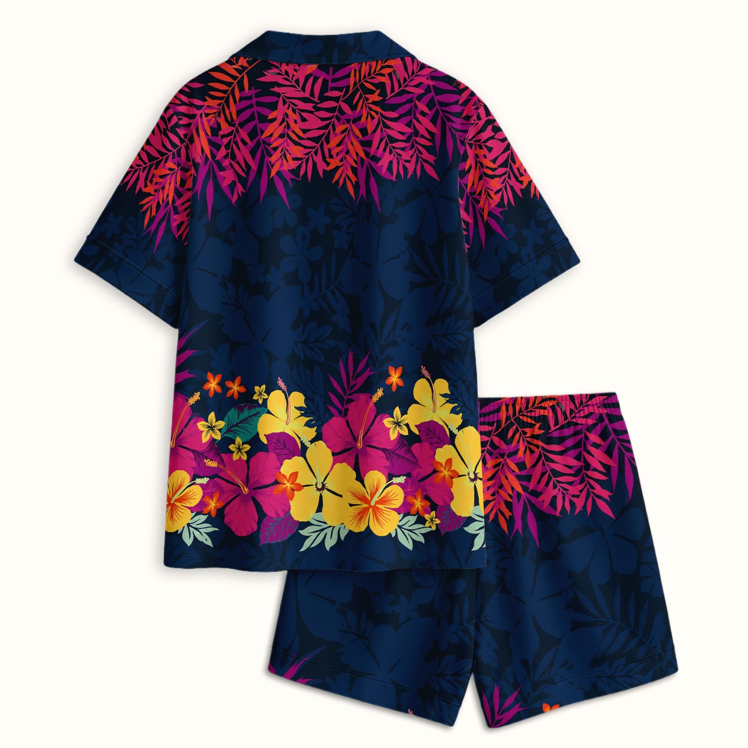 Tropical Hibiscus Palm Leaf Pattern Pajama Set, Soft Breathable Fabric Comfortable Sleepwear