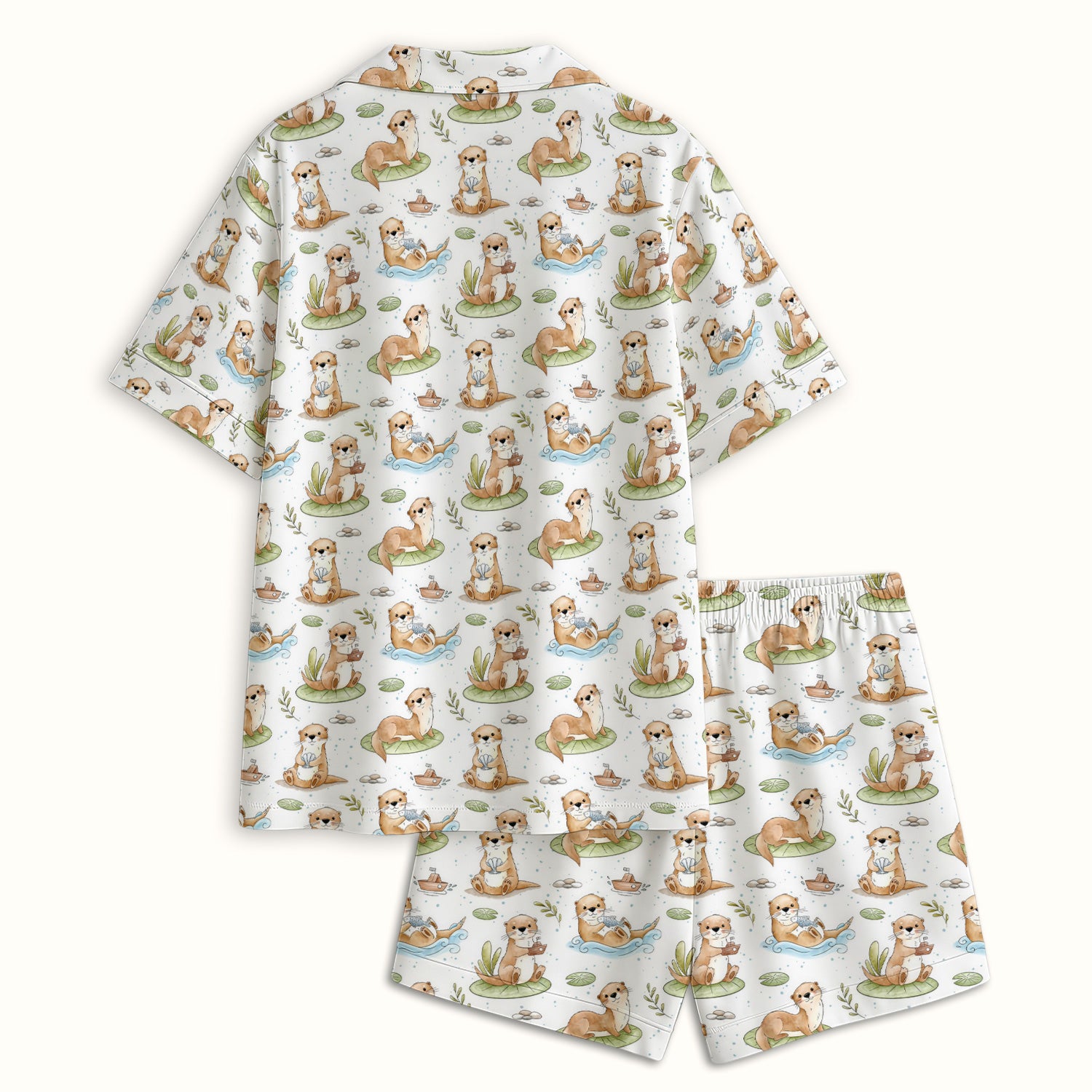 Cute Otter With Lily Pad Pattern Pajama Set, Soft Breathable Fabric Comfortable Sleepwear