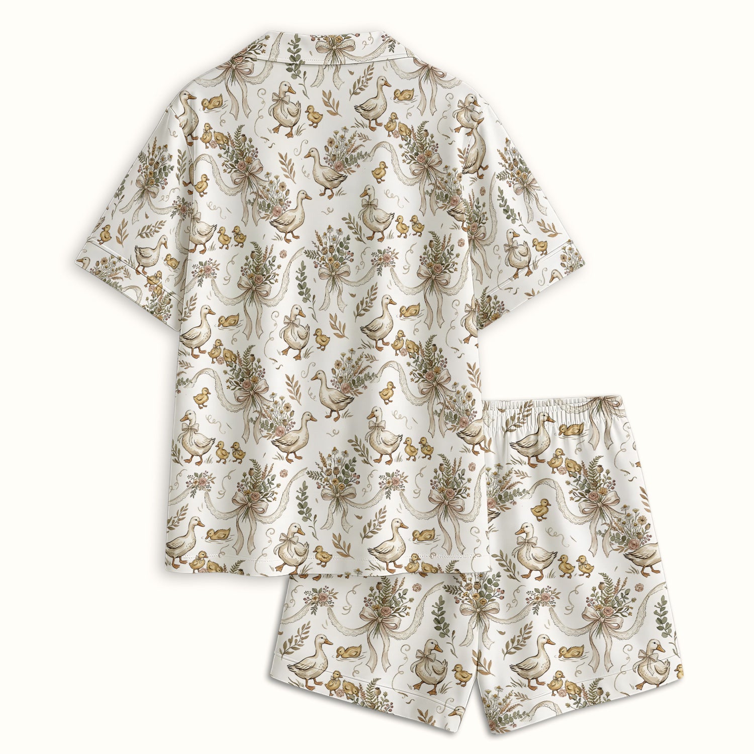 Vintage Duck Family Ribbon Floral Pattern Nurse Pajama Set, Soft Breathable Fabric Comfortable Sleepwear