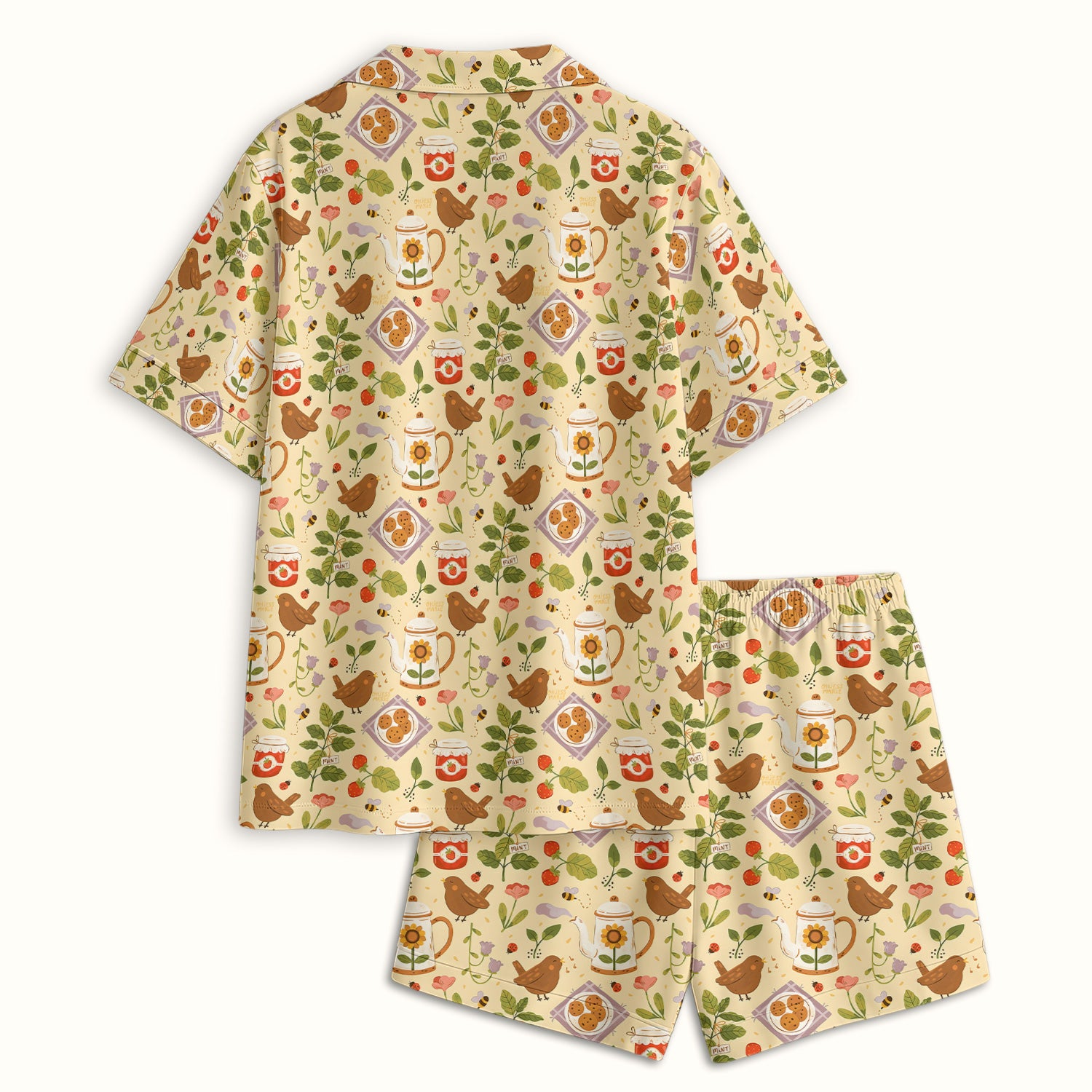 Cute Garden Tea Bird Strawberry Pattern Pajama Set, Soft Breathable Fabric Comfortable Sleepwear