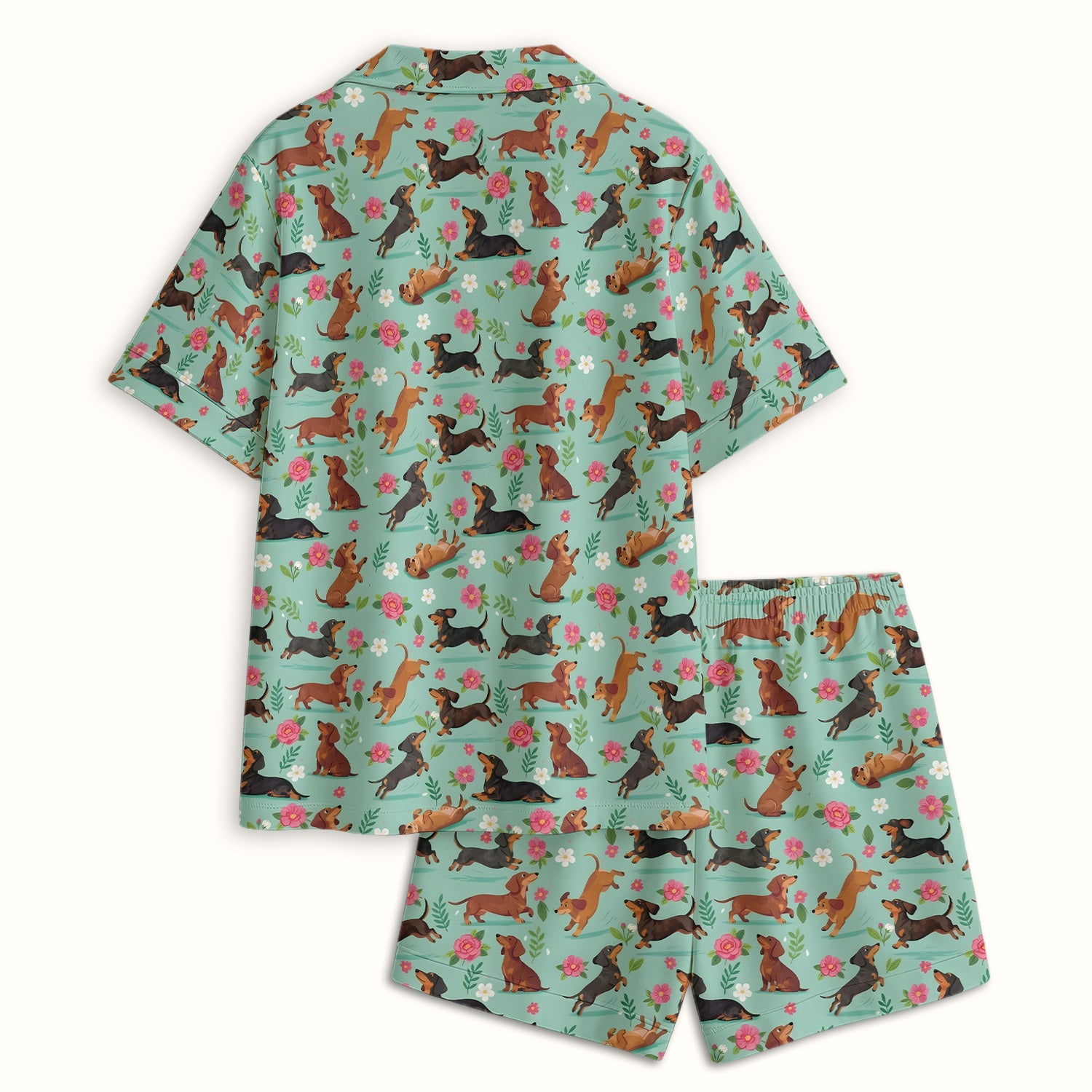 Cute Floral Dachshund Puppy Pattern Pajama Set, Soft Breathable Fabric Comfortable Sleepwear