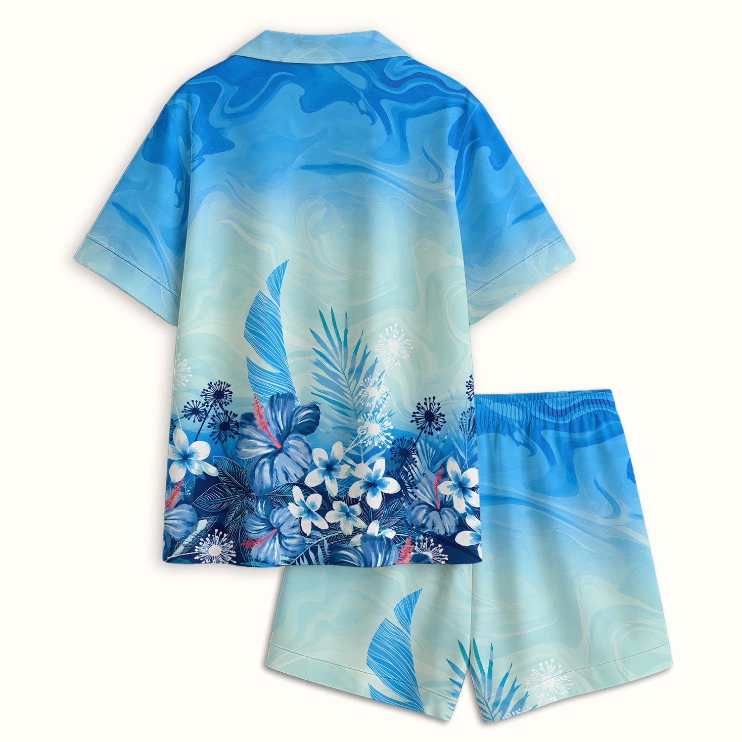 Elegant Blue Tropical Floral Pattern Pajama Set, Soft Breathable Fabric Comfortable Sleepwear