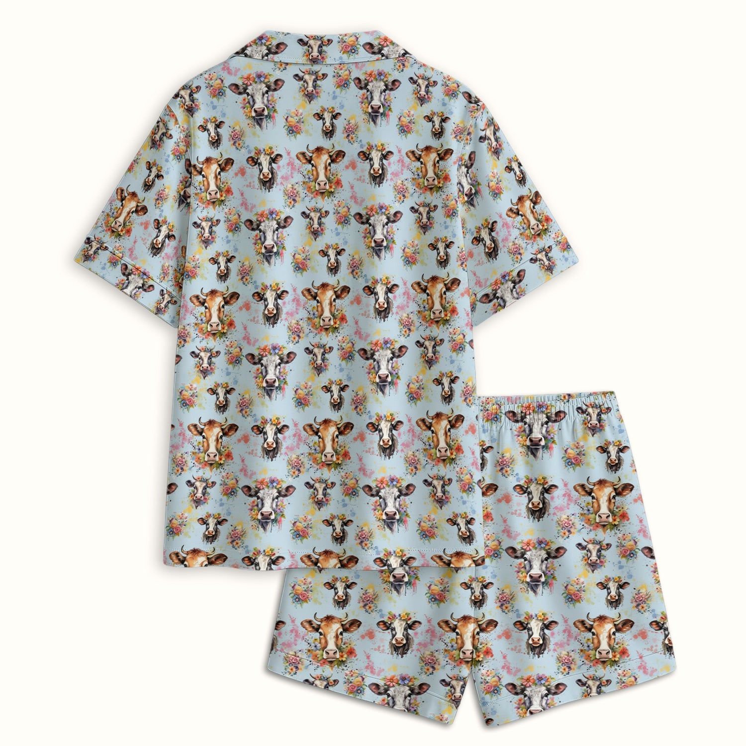 Cute Floral Cow Farm Animal Pattern Pajama Set, Soft Breathable Fabric Comfortable Sleepwear