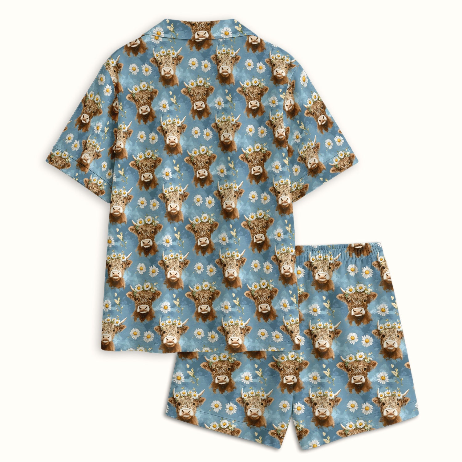Highland Cow Daisy Flower Pattern Pajama Set, Soft Breathable Fabric Comfortable Sleepwear