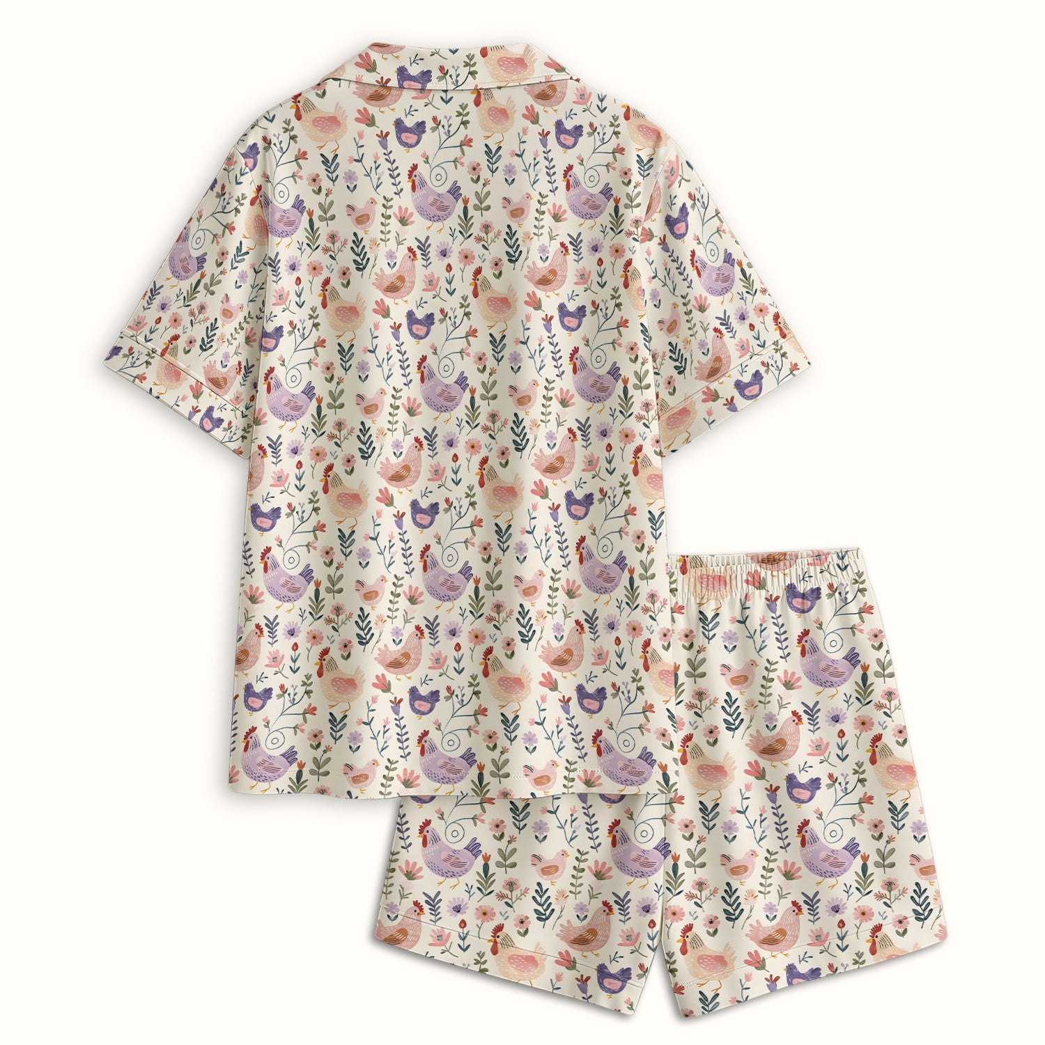 Cute Farm Chicken Floral Garden Pattern Pajama Set, Soft Breathable Fabric Comfortable Sleepwear