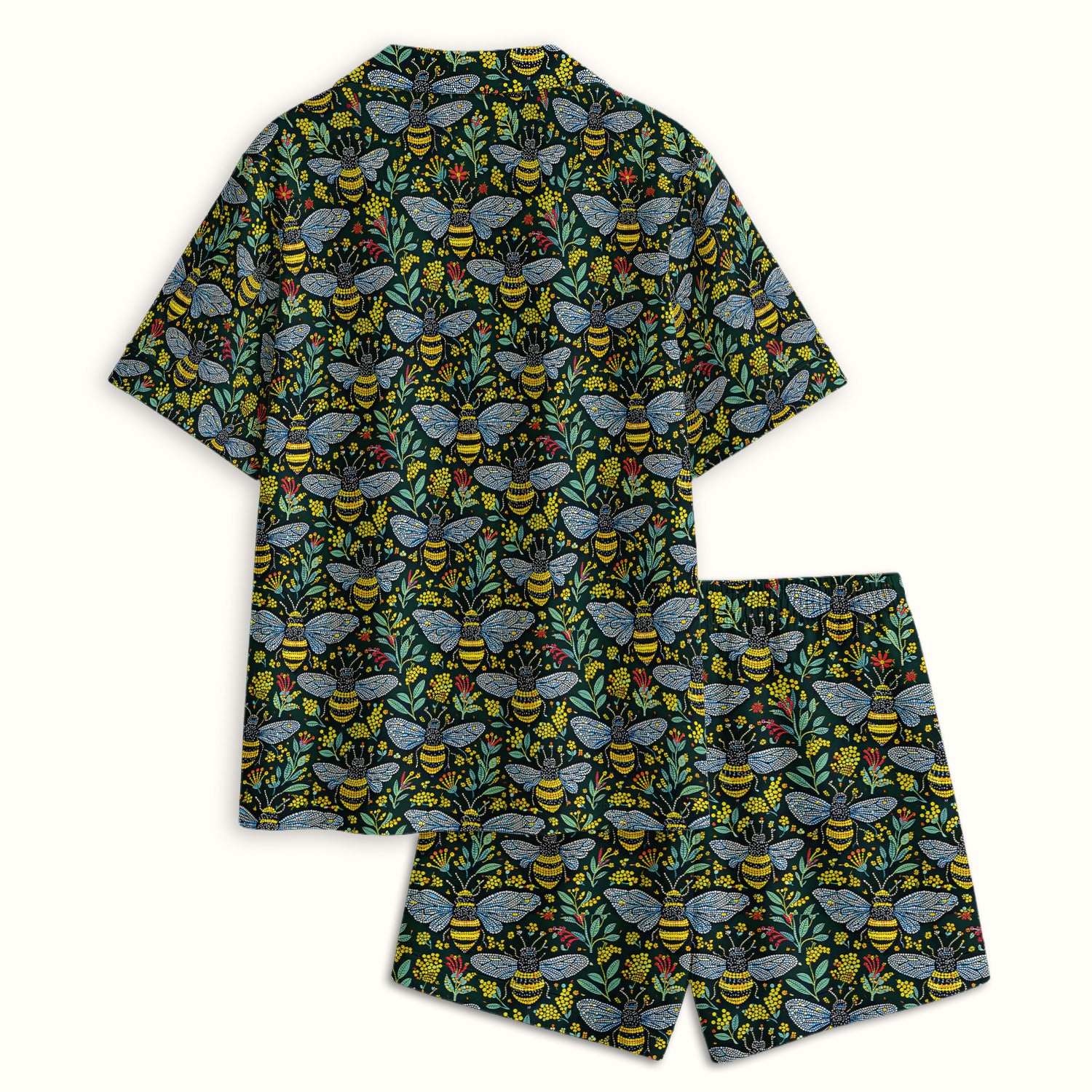 Honey Bee And Wildflower Garden Pattern Pajama Set, Breathable Fabrics Uniform