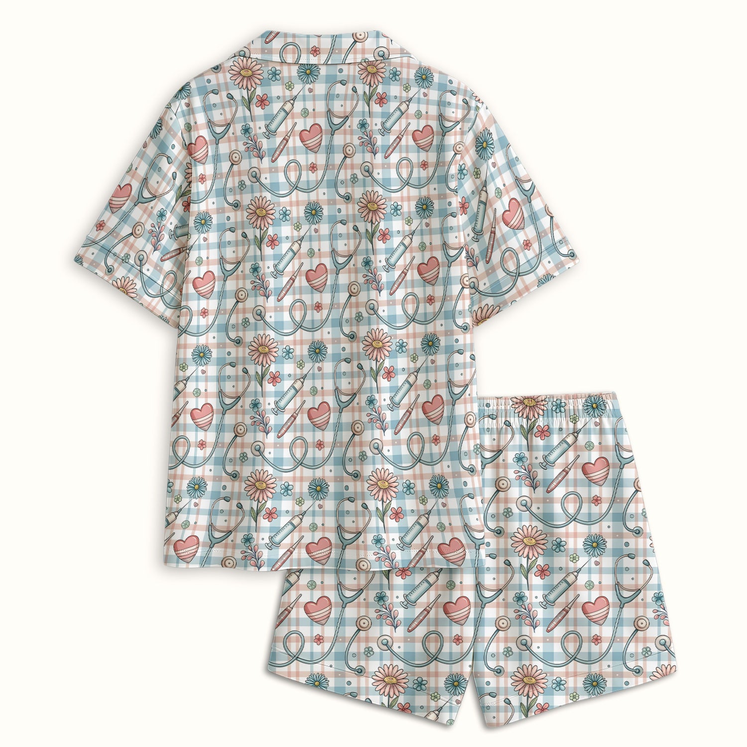 Stethoscope Heart Syringe Floral Plaid Pattern Pajama Set, Breathable Fabrics Uniform