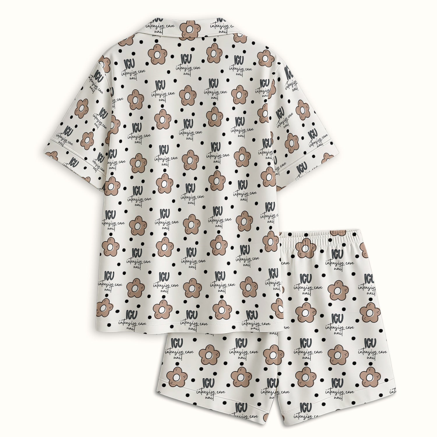 Cute ICU Nurse Flower Polka Dot Pattern Pajama Set, Soft Breathable Fabric Comfortable Sleepwear