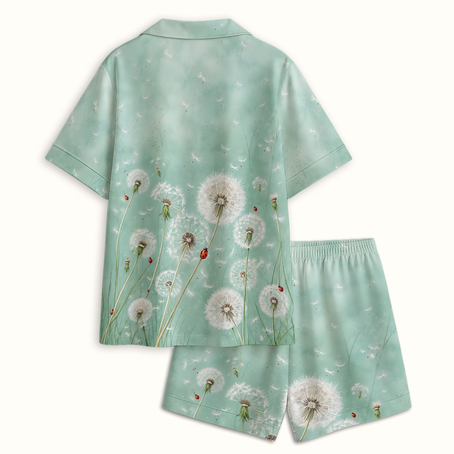 Dandelion Wishes Ladybug Meadow Pattern Pajama Set, Soft Breathable Fabric Comfortable Sleepwear