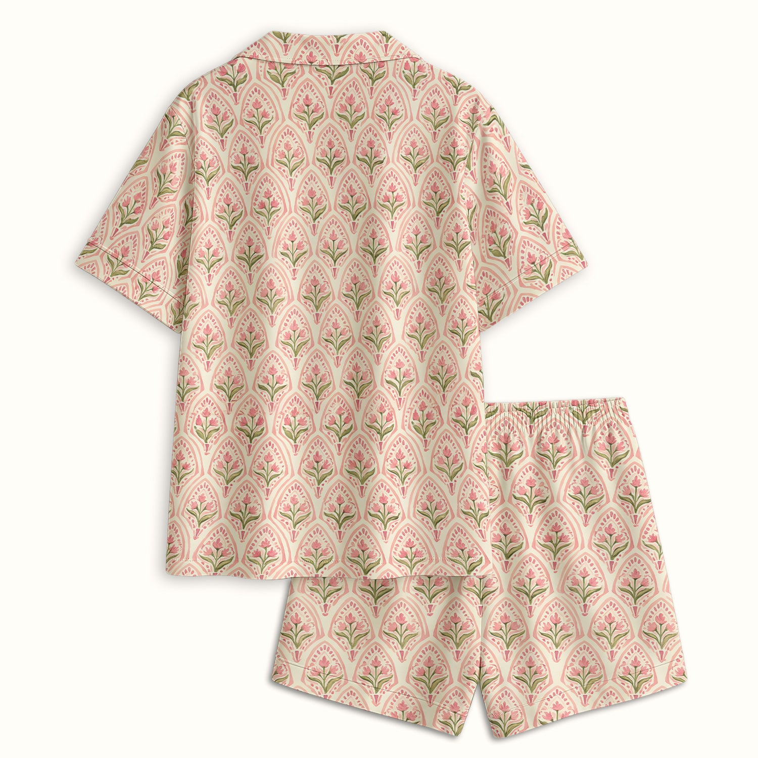 Pink Tulip Floral Arch Pattern Pajama Set, Soft Breathable Fabric Comfortable Sleepwear