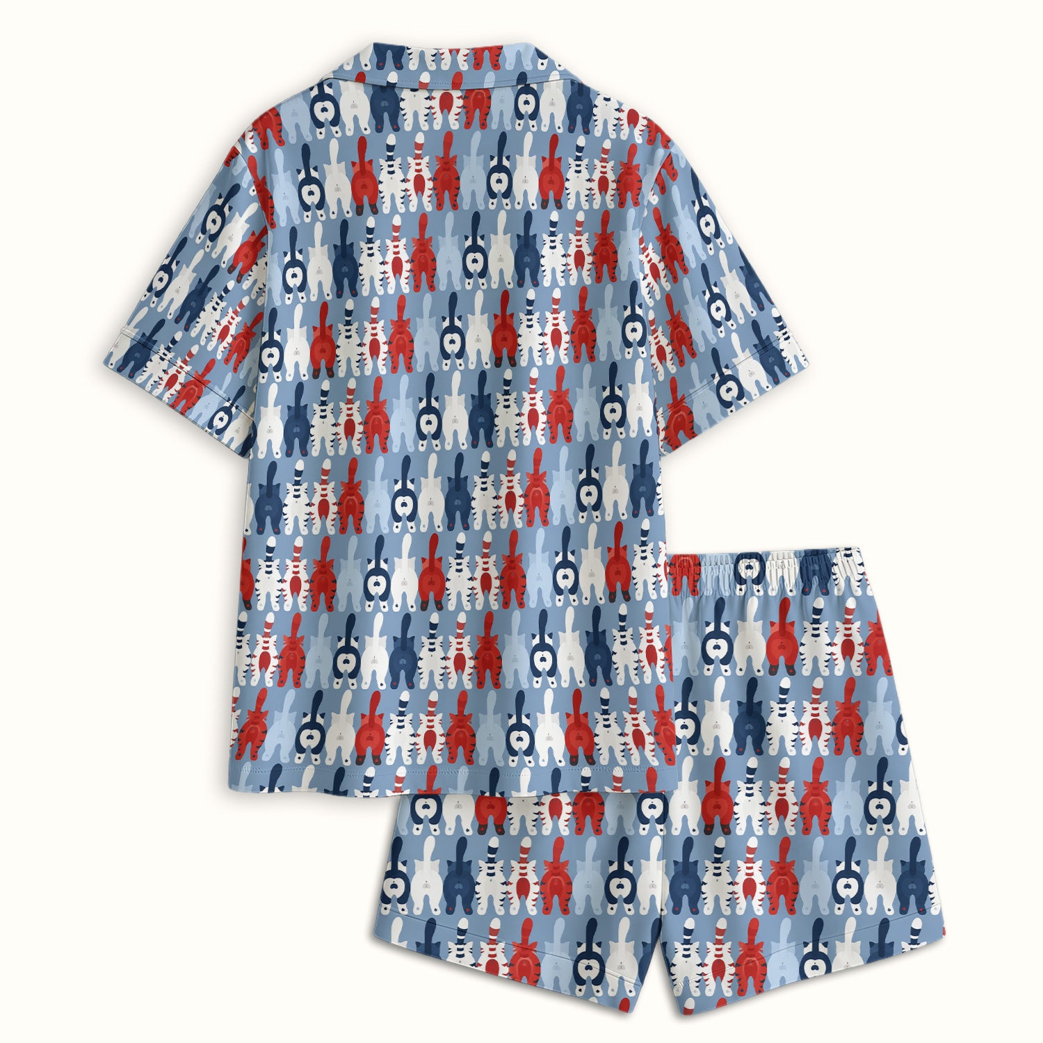 Colorful Patriotic Cat Tail Pattern Pajama Set, Soft Breathable Fabric Comfortable Sleepwear