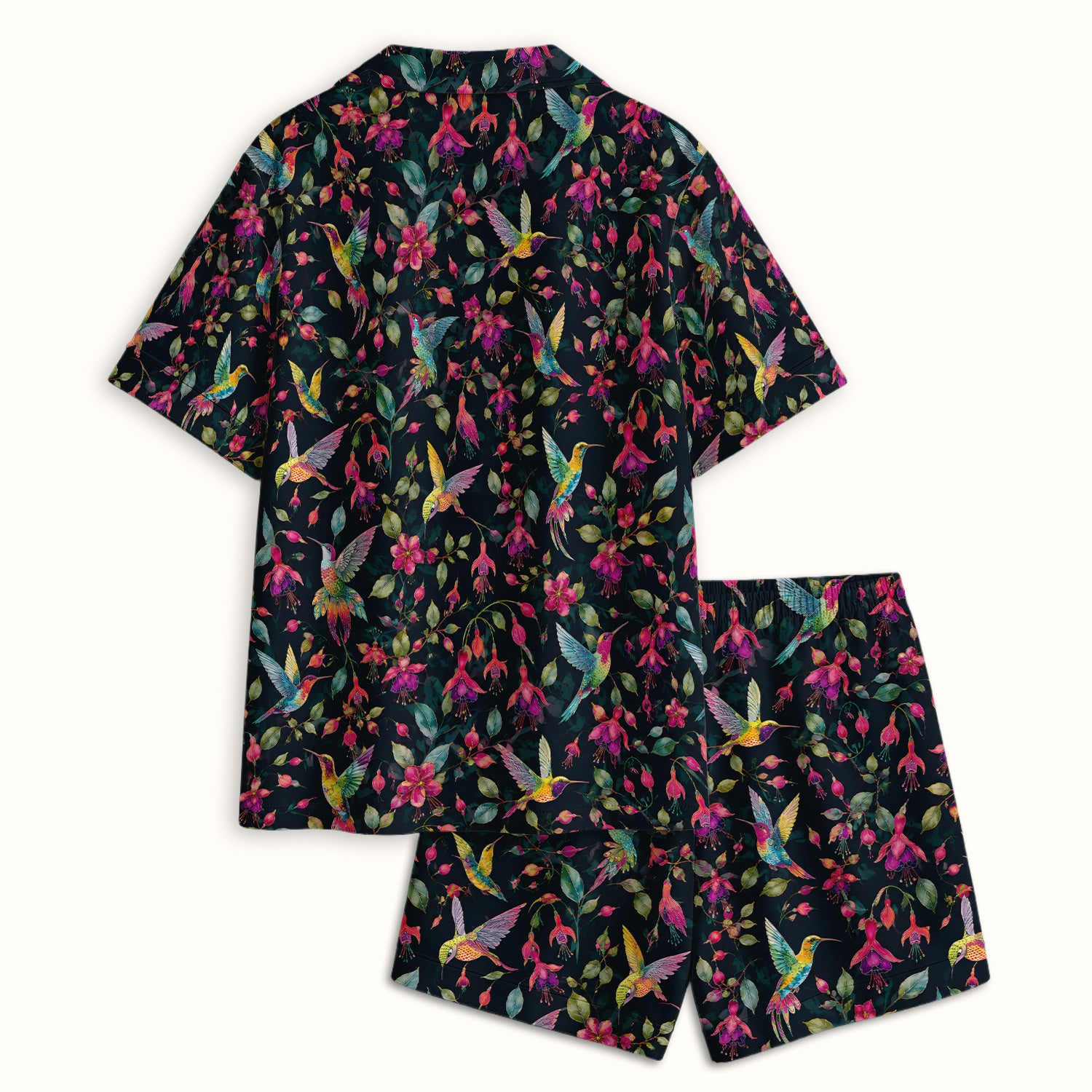 Hummingbird Fuchsia Bloom Pattern Pajama Set, Soft Breathable Fabric Comfortable Sleepwear